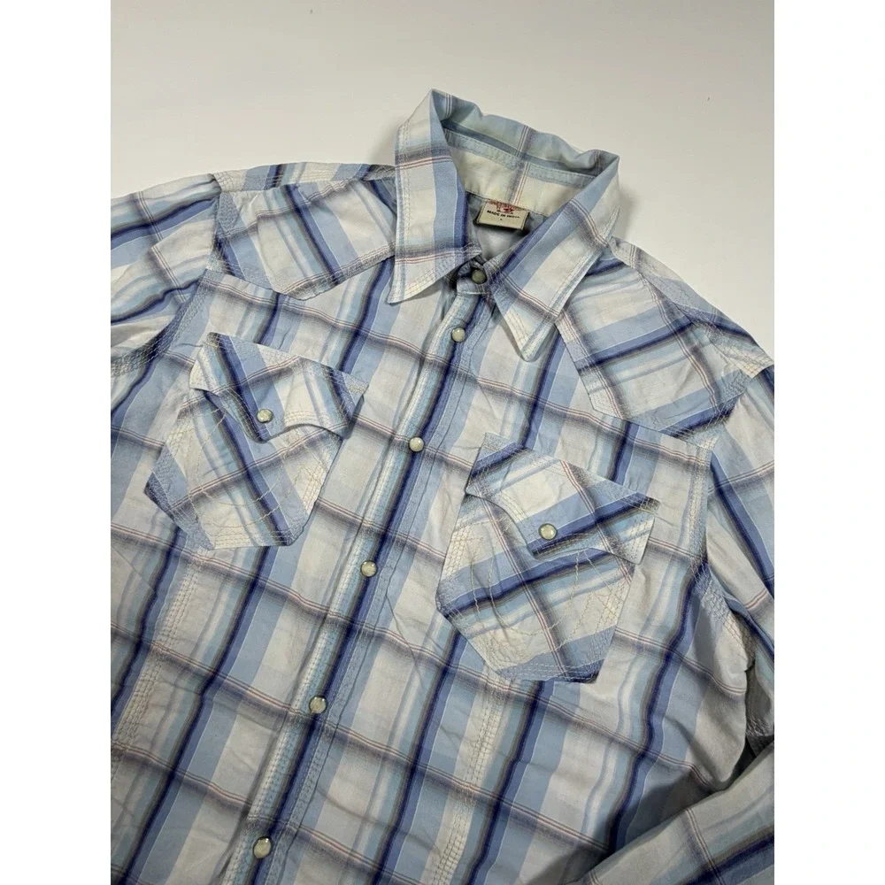 True Religion Mens Western Pearl Snap Buttons Plaid Long Sleeve Shirt Size Large